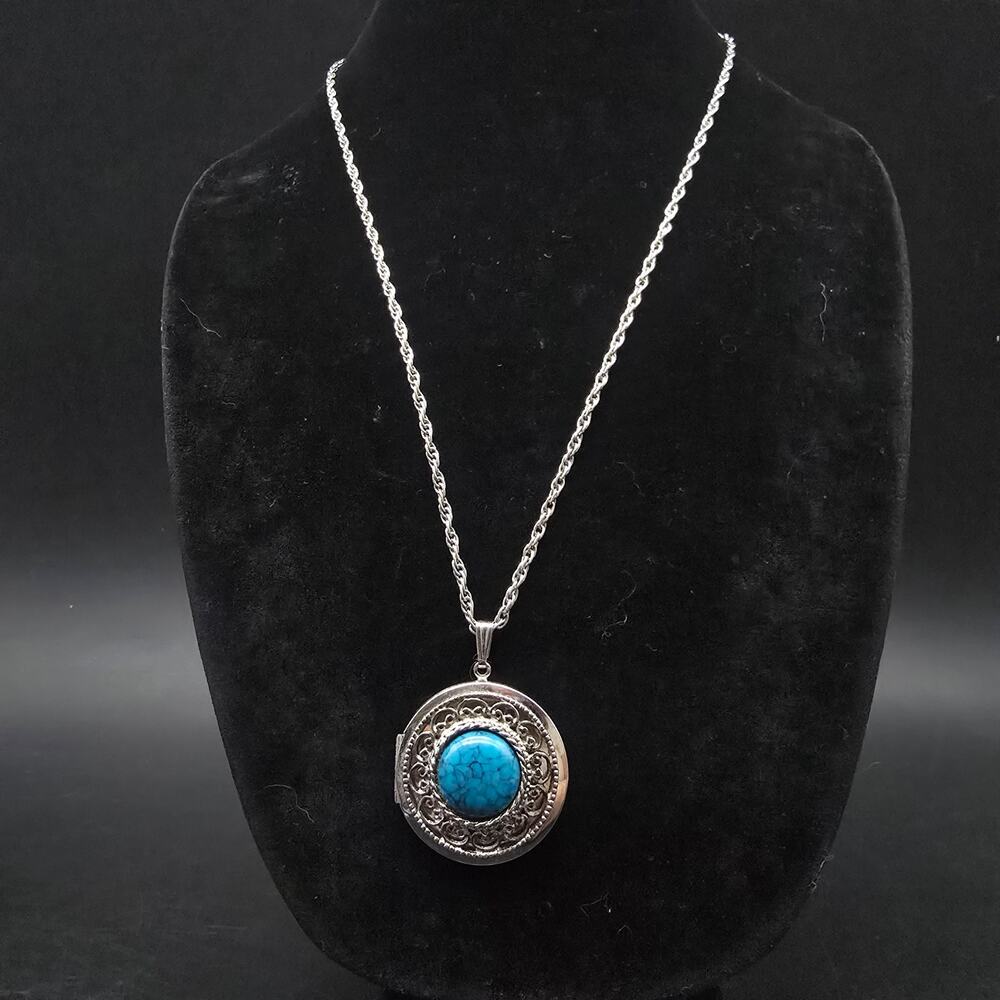 Faux Turquoise Locket Pendant Necklace Vintage Costume Jewelry